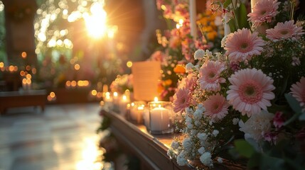 Memorial altar adorned with candles and flowers in a serene chapel setting