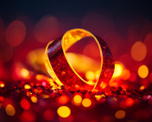Poster - Vibrant red and gold glitter ribbon with warm bokeh lights in festive decoration