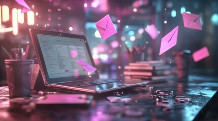 Poster - A vibrant, digital workspace scene featuring a laptop with floating envelopes, illuminated by colorful lights and surrounded by books and scattered items.