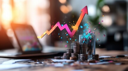 Poster - A colorful graph rises above stacks of coins, symbolizing financial growth and investment on a desk with a laptop in the background.
