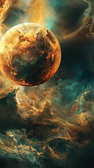 Wall Mural - Vibrant cosmic scene featuring a glowing orange planet amidst swirling clouds of blue and gold