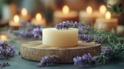 Poster - Lavender flowers and calming skincare products displayed on a wooden table in a serene environment