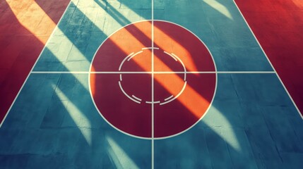 Wall Mural - Sunlit indoor sports court with red and blue floor markings.
