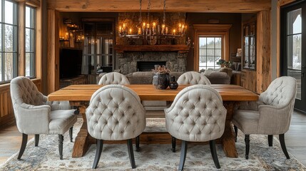 Sticker - Elegant dining area with wood table and upholstered chairs in a rustic cabin setting