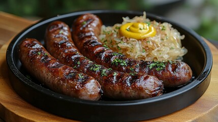 Sticker - Grilled sausages served with sauerkraut and mustard on a black plate