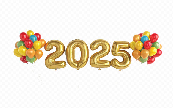 abstract 3d 2025 text made with high resolution different premium golden colour hellium in topview balloons isolated on white background