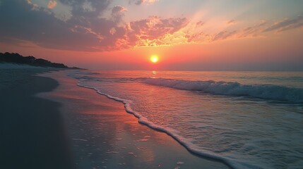 Wall Mural - Beautiful sunset over calm ocean waves reflecting colors on sandy beach