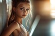 © 일 박 - Photo of a young ballerina in a ballet uniform leaning against a wall and looking at you in a dimly lit ballet practice room