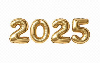 Poster - abstract 3d 2025 text made with high resolution different premium golden colour hellium in topview balloons isolated on white background