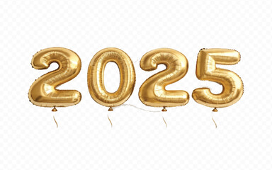 Poster - abstract 3d 2025 text made with high resolution different premium golden colour hellium in topview balloons isolated on white background