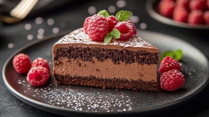 Wall Mural - Delicious chocolate cake slice topped with fresh raspberries and mint garnish for dessert lovers