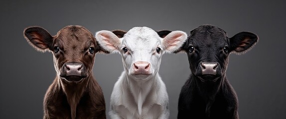 Three young calves in studio portrait - brown, white, and black. Professional headshots showing diversity in cattle breeds with dramatic lighting on grey background. 8k banner