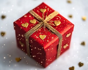 Red gift with sparkling gold hearts surrounded by twinkling stars on a white background