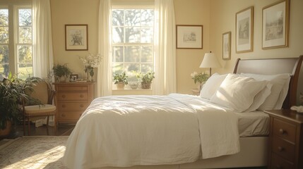 Aufkleber - A sunlit bedroom featuring a neatly made bed with white linens and various potted plants arranged around the room, creating a calm and inviting atmosphere.