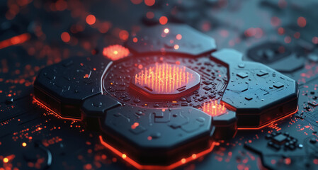 Poster - A circuit board with a red light on a black background, suggesting repair or diagnostics within a technological system.