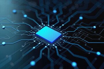 Poster - a close-up view of a computer chip on a circuit board, with detailed traces and connections, illustr