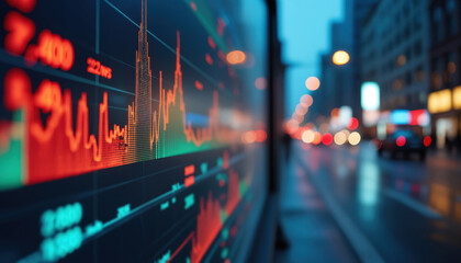 Poster - Digital Stock Display on Urban Street: A digital stock display on an urban street, showcasing real-time financial data in a public setting.