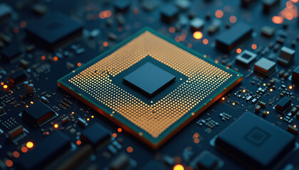 Poster - advanced processor with gold contacts: a processor with gold contacts on a circuit board, symbolizin