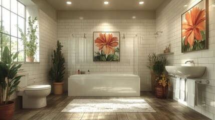 Poster - Bright and spacious bathroom with a contemporary feel, showcasing a soaking tub, floral artwork, house plants, and wooden flooring that enhance tranquility.