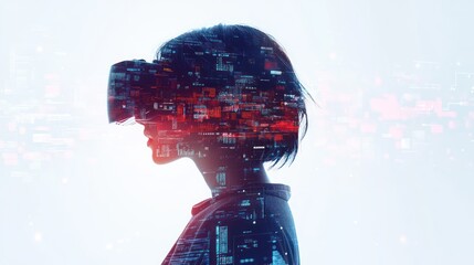 Woman wearing VR headset, futuristic digital overlay.