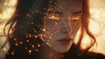 Poster - Abstract concept of a woman with a network of light connections, depicting themes of connectivity, neural networks, and the complexity of the human mind , HD image