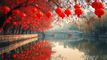 A serene landscape with red lanterns hanging from a tree, a bridge over a river, and a pathway leading into the distance.