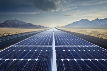 Wall Mural - Renewable energy generation with solar panels along a desert highway at sunset