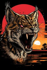 Wall Mural - A snarling lynx with glowing red eyes against a fiery sunset.