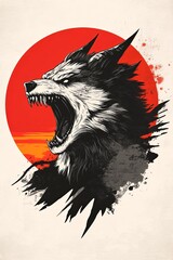 Wall Mural - A snarling wolf's head, rendered in black and grey, is set against a large red sun.  The style is graphic and slightly abstract.