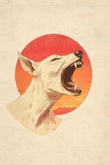 Wall Mural - A stylized illustration of a bull terrier's head roaring against a sunset backdrop, encircled by a warm-toned circle.