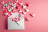 Valentine's day love letter envelope with hearts on pink background anniversary with copy space