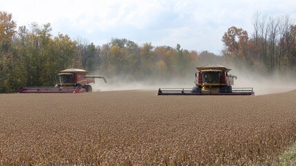 Wall Mural - Two combine harvesters harvesting soybeans in an autumn field.