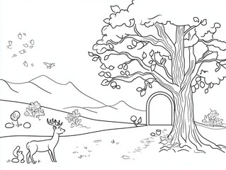 Wall Mural - A magical woodland scene for a coloring book featuring a glowing portal in an ancient tree, deer grazing nearby, and squirrels gathering acorns. Add swirling patterns on the portal and intricate 