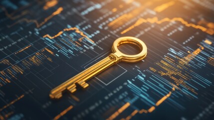 Poster - Golden Key on Digital Background with Data Graphs and Charts