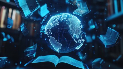Poster - Futuristic Global Information Network with Floating Books and Earth