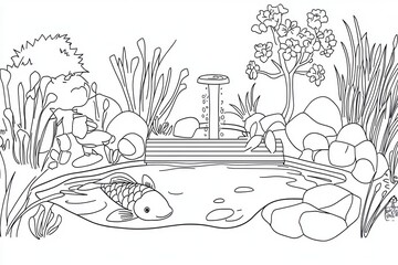 Wall Mural - A serene garden scene for a coloring book with a koi pond surrounded by cherry blossom trees, a wooden bench, and a fountain in the center. Add reflections of the flowers in the water and intricate 