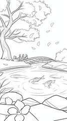 Wall Mural - A serene lakeside garden coloring book scene featuring a koi pond surrounded by cherry blossom trees, a small wooden bridge, and families enjoying a picnic. Add soft ripples in the water, detailed 