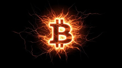 Poster - Bright Bitcoin Symbol with Fiery Energy on Dark Background