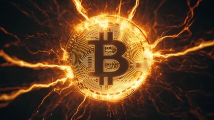 Poster - Glowing Bitcoin Symbol Surrounded by Electric Energy and Light Rays