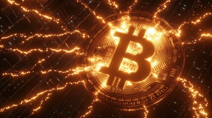 Poster - Glowing Bitcoin Symbol with Dynamic Energy Background Effects