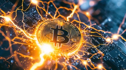 Poster - Bitcoin Digital Currency Concept with Electric Energy Background