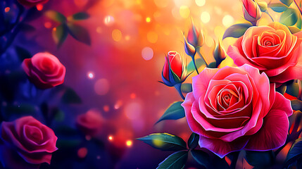 Wall Mural - Illustration of red roses blooming vibrantly in a spring garden, highlighted by the evening sunset. Copy space.