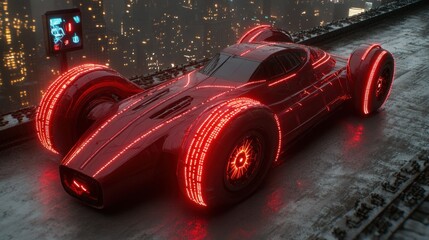Poster - Futuristic red vehicle with glowing wheels in a cityscape.