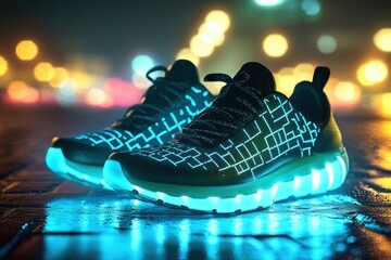 Poster - Stylish illuminated sneakers showcase glowing design at night on urban street