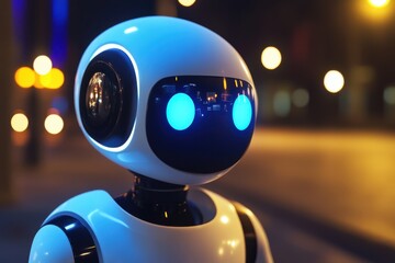 Poster - Futuristic robot with glowing eyes stands in an urban setting at night