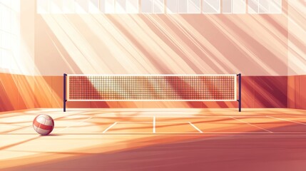 Wall Mural - Sunlit volleyball court with ball and net.