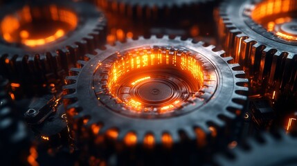 Glowing orange gears meshing in intricate mechanism.