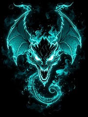 Wall Mural - Fiery teal dragon head with spread wings and swirling tail, set against a black background.