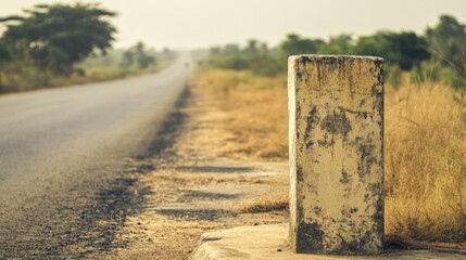 Canvas Print - Weathered Milestone on Quiet Road Surrounded by Lush Greenery