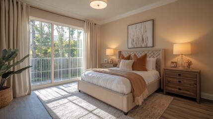 Aufkleber - Soft sunlight fills the cozy bedroom, highlighting the elegant bedding and warm color scheme. A potted plant adds a touch of nature near the large window.